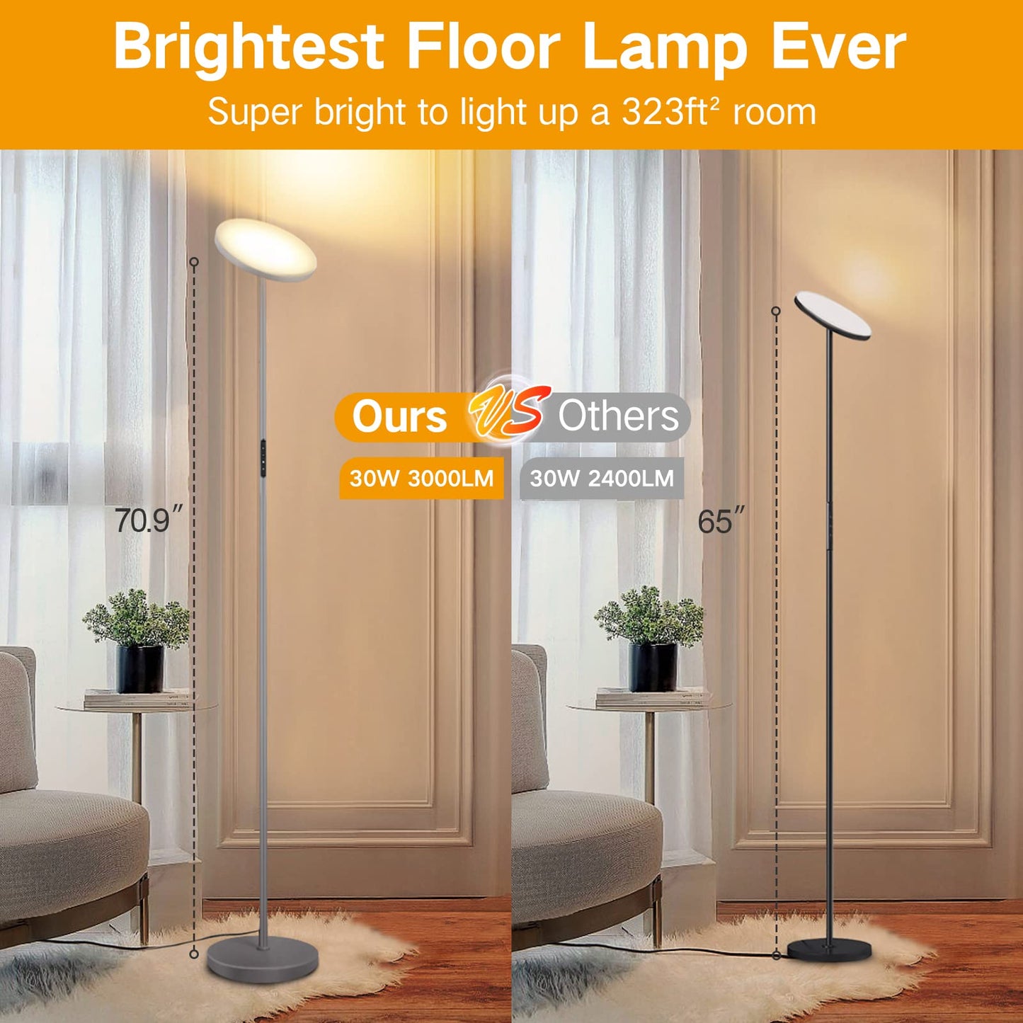 OUTON Floor Lamp, 30W LED Modern Torchiere, Dimmable, 4 Color Temperatures, Remote Touch Control, Silver Grey, Model H10005-SGY-US