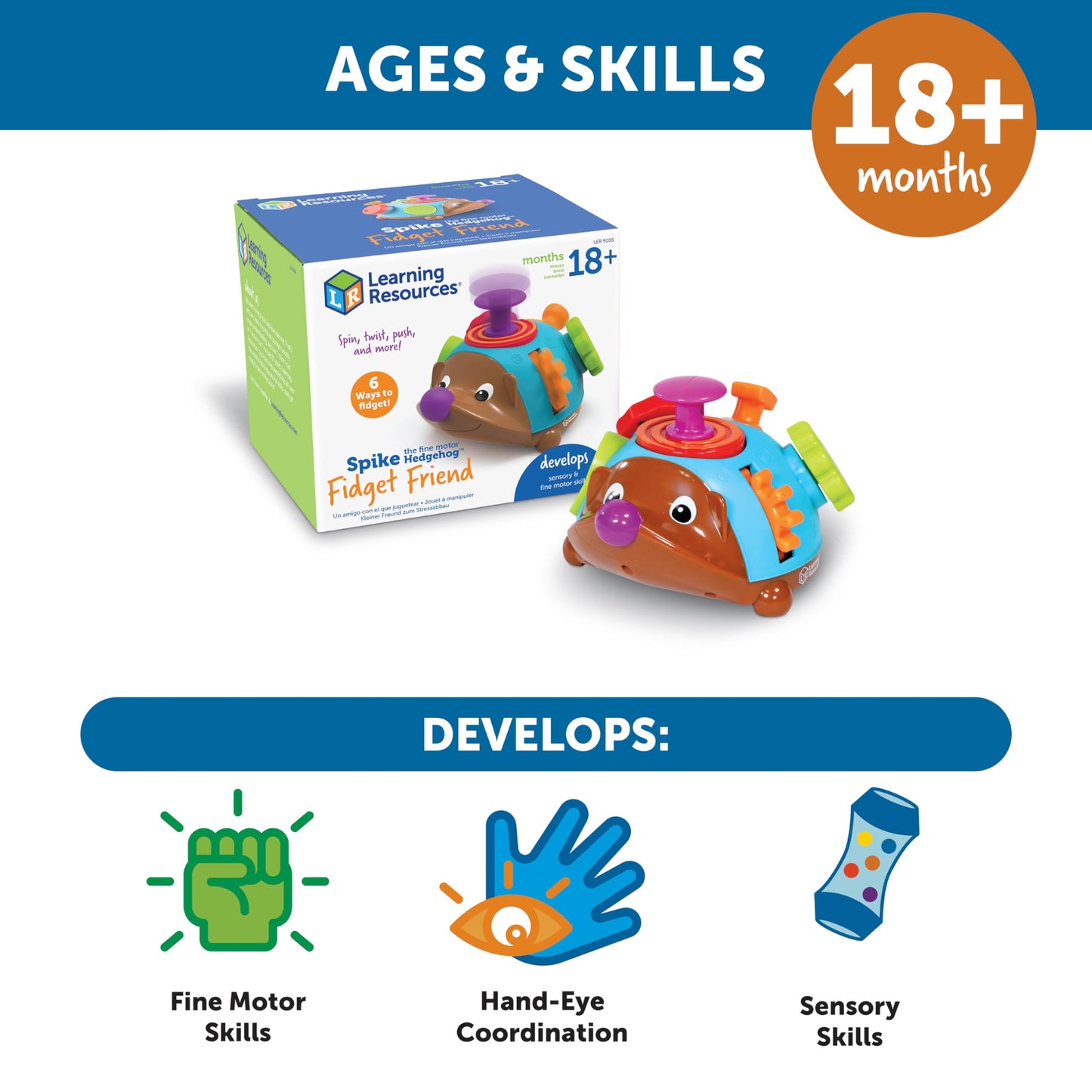 Learning Resources Spike the Fine Motor Hedgehog Fidget Friend -Ages 18+ months Fine Motor and Sensory Play Toy,Educational Toys for Toddlers, Toddler Montessori Toys
