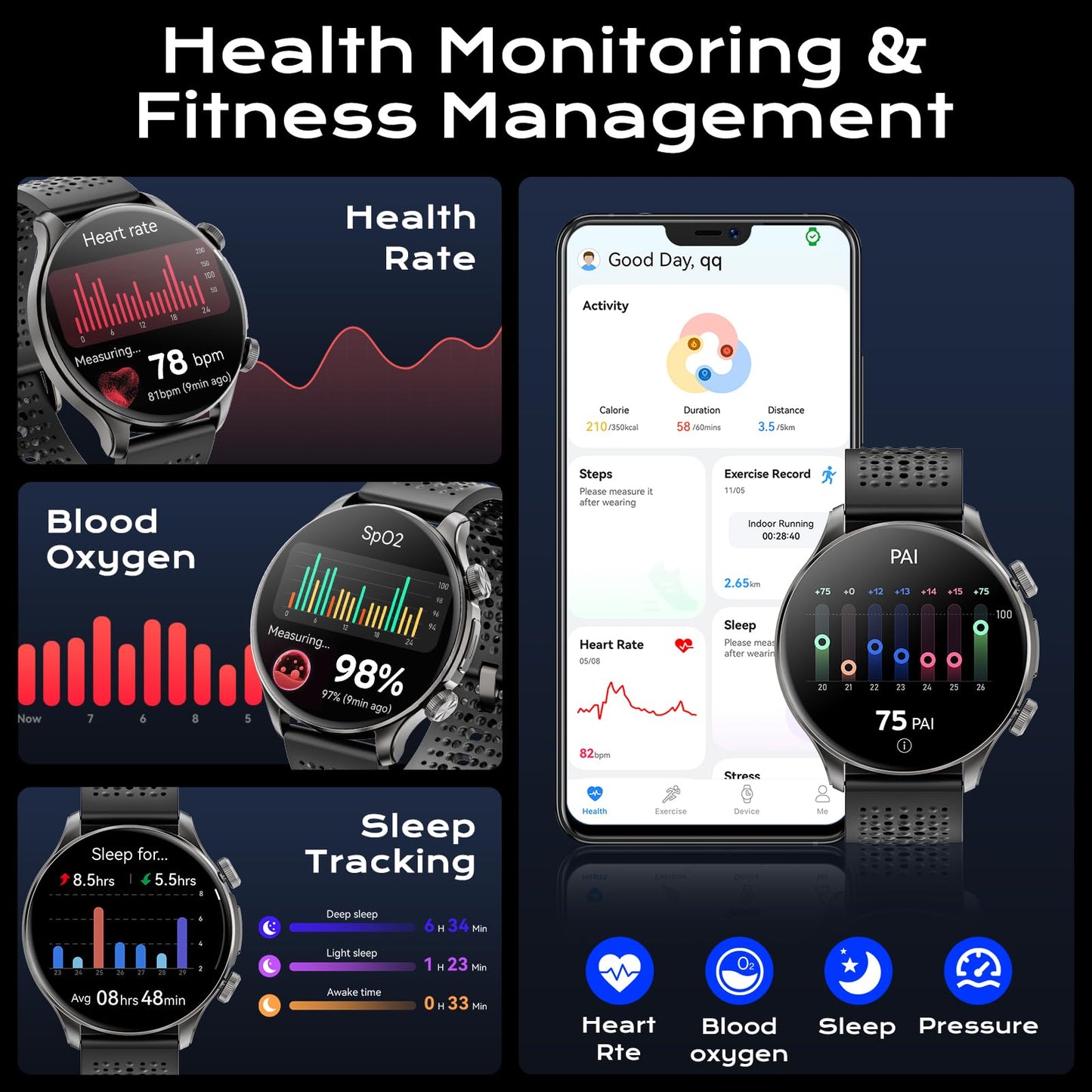 GPS Smart Watches for Men (Answer/Make Call), 1.60" AMOLED Display Smartwatch, 170+ Sports Modes Fitness Tracker Watch with Compass Pedometer, 5ATM Waterproof Mens Smart Watch for Android iPhone