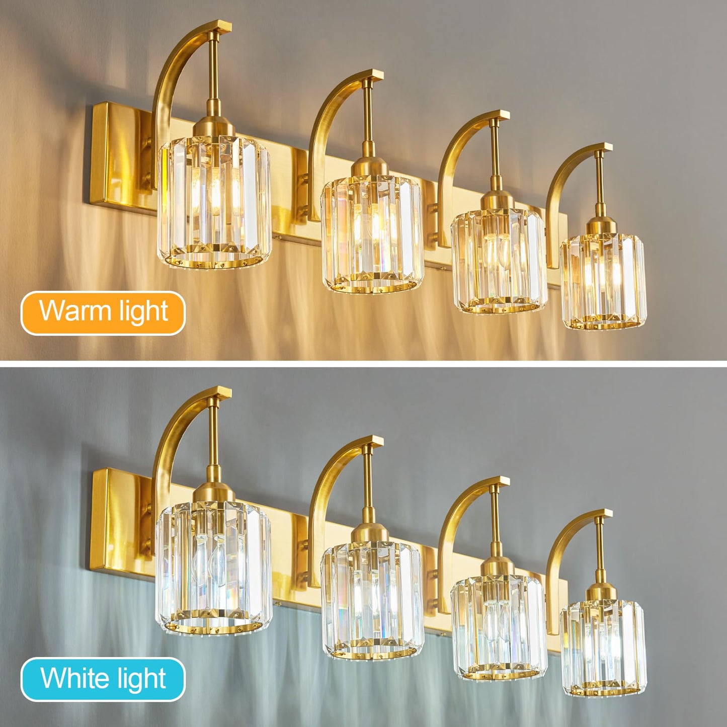Fdpby 4-Light Crystal Vanity Light  Modern Gold Bathroom Wall Sconce With K9 Crystal Shades  32.67 Long Over Mirror Lighting For Vanity  Makeup  Hallway  Elegant & Easy Install
