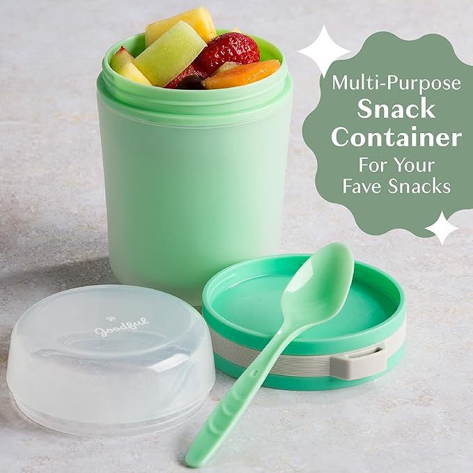 Goodful Double Wall Insulated Yogurt Container, Leak Proof Food Storage, Snack Container with Reusable Plastic Spoon, Microwave Safe, Dishwasher safe, Freezer Safe, 14-Ounce, Green