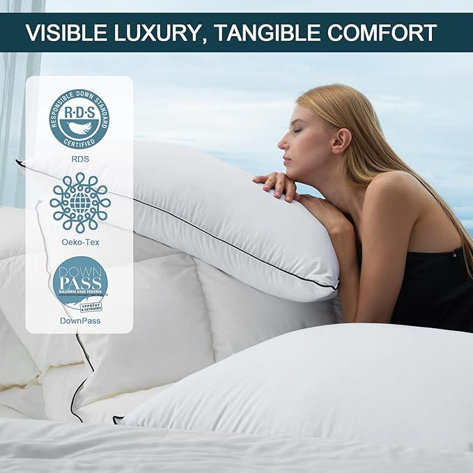 Hungarian Goose Down Pillows Queen Size, Bed Pillows for Sleeping, Pillow for Back, Stomach or Side Sleepers, Ultimate Comfort, Queen