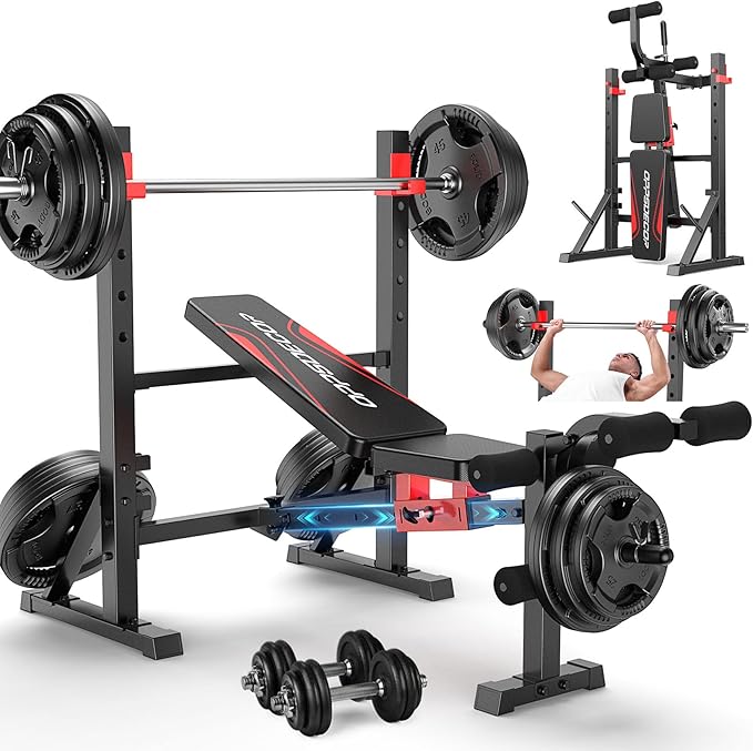 OPPSDECOR 900 LBS Weight Bench Set with Squat Rack, Adjustable Bench Press Set with Leg Extension and Leg Curl, Foldable F...