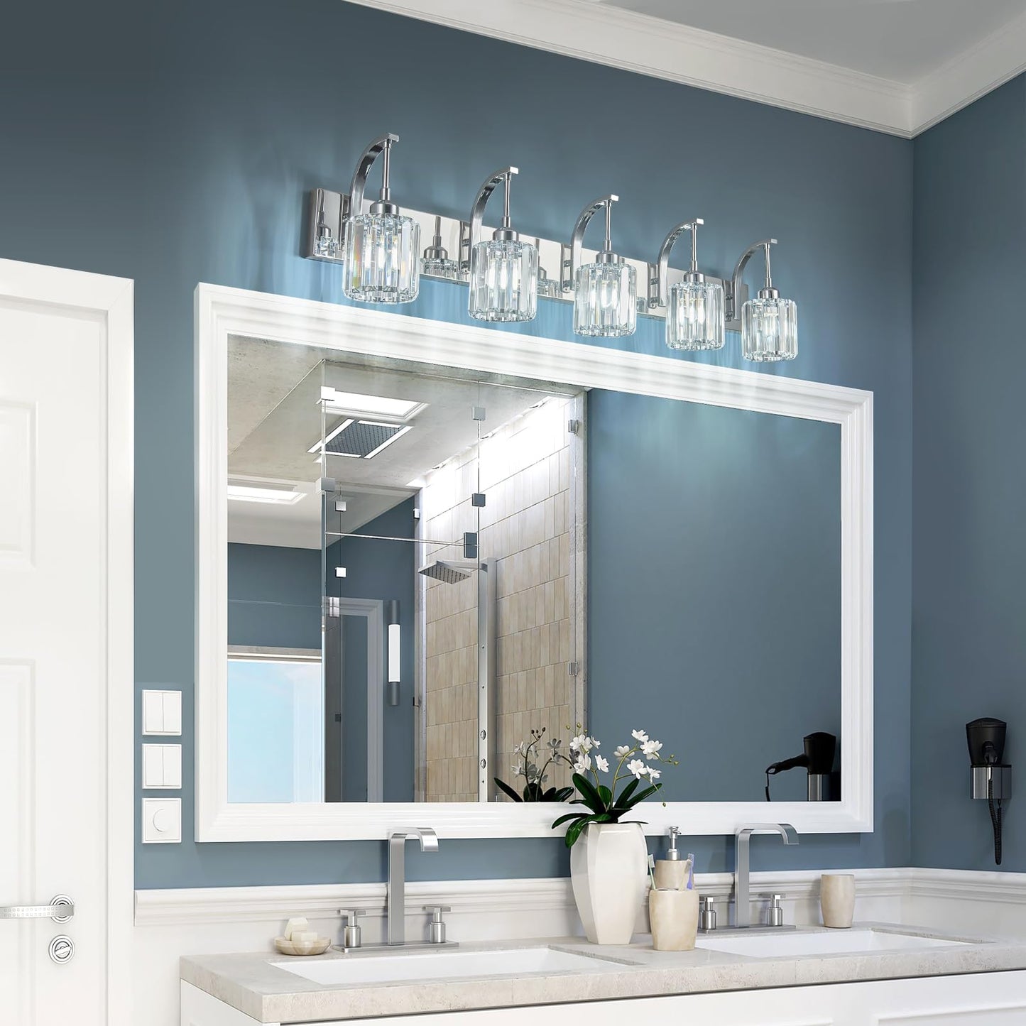 Fdpby 5-Light Crystal Vanity Light  Modern Chrome Bathroom Wall Sconce With K9 Crystal Shades  42.51 Long Over Mirror Lighting For Vanity  Makeup  Hallway  Elegant & Easy Installation
