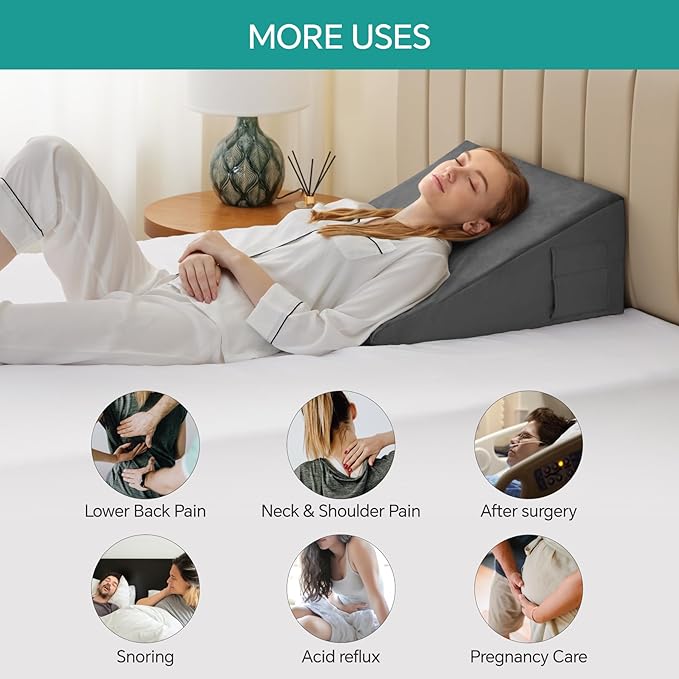 Bed Wedge Pillow for Sleeping, 10 Inch Memory Foam Wedge Pillow Post Surgery, Triangle Pillow Wedge, Elevated Support Pillows for Sleeping, Acid Reflux & Snoring - Removable Washable Cover