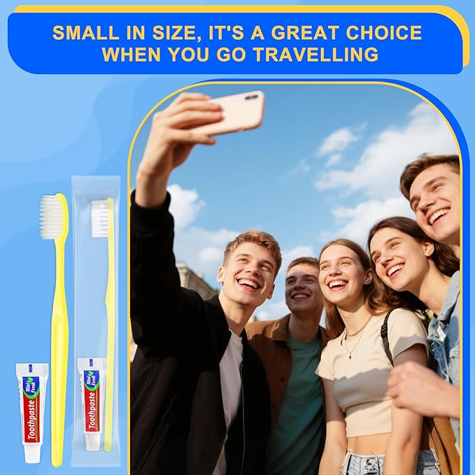 Yellow Disposable Toothbrushes with Toothpaste - Pack of 100,Individually Wrapped Single Use Travel Toothbrushes Kit Bulk for Homeless,Guests,Hotel,Dentist
