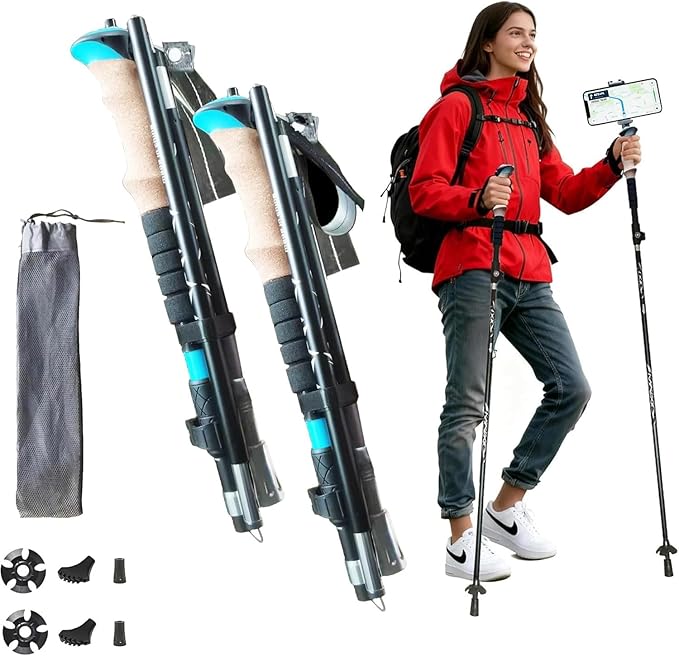 QIYUANCHUANG Collapsible/Foldable GoPro & Phone Mount Ready Trekking Poles - Ultra-Portable for Travel & Hiking, Lightweig...