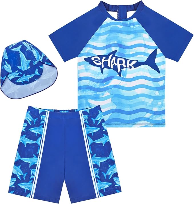AuSletie Boys Two Pieces Swimsuit Set Short Sleeve Kids Rash Guard Dinosaur Boys Bathing Suit with Sun Cap for 2-6 Years