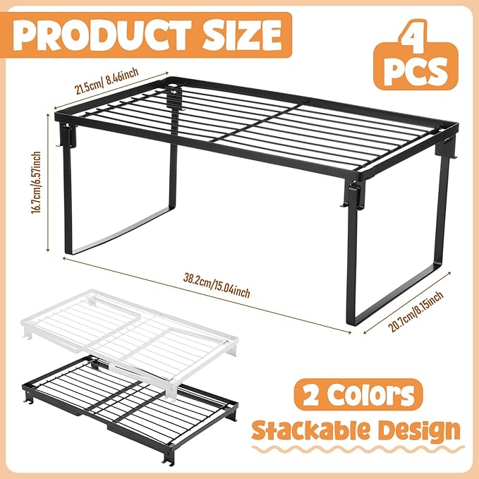 4 Pack Stackable Metal Kitchen Storage Shelf Foldable Racks, Pantry Shelf Cabinet Organizers, Expandable Storage Rack for Cabinet Fridge Bathroom (15 x 8.5 x 6.6, White, Black)