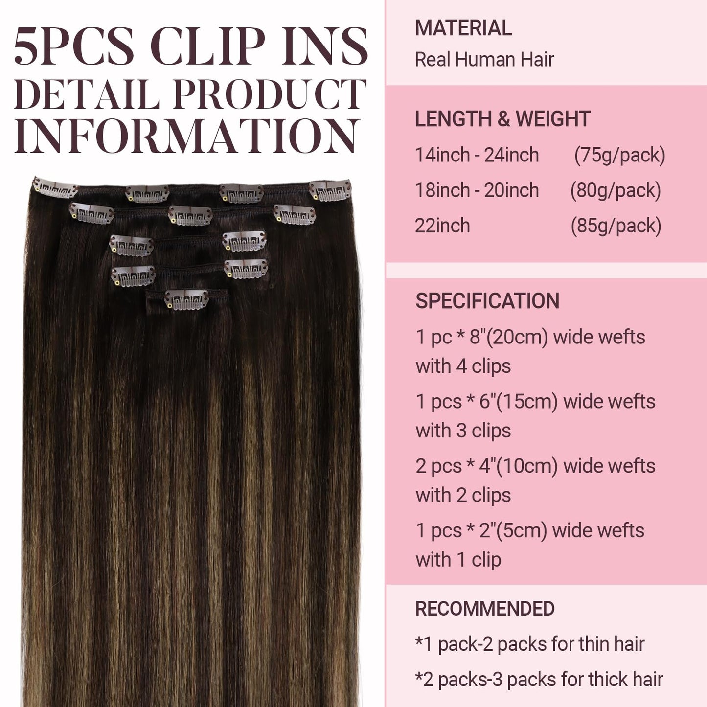 MAXITA Clip in Human Hair Extensions, 5pcs 80g Balayage Dark Brown Mixed Chestnut Brown 20 Inch, Real Remy Hair, Long Straight S