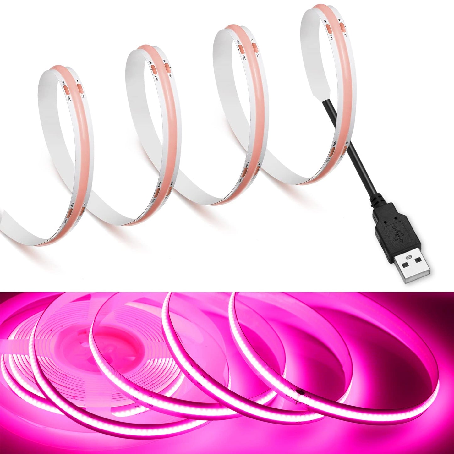 MDee COB LED Strip Lights, 13.12ft/4m, USB Powered, 5V, Flexible, Pink, 320 LEDs/m, CRI 90+, Indoor/Outdoor