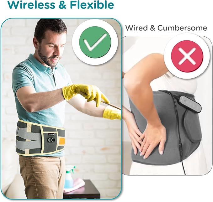 Comfytemp Cordless Heating Pad with Massager for Back Pain Relief, Portable Lower Back Massager, Birthday Gifts for Dad Mom Men Women, 3 Heat Auto-Off 58" Grey Yellow