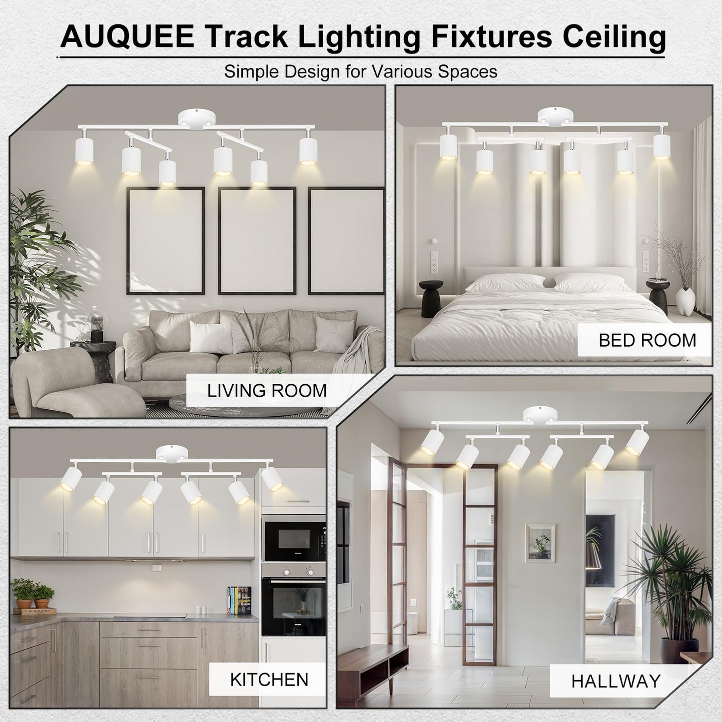 Auquee 6 Light Track Lighting Fixtures Ceiling  Matte White Kichen Track Lighting Fixtures With Rotatable Light Heads  Upgrade Light Poles  Modern Led Spot Lights For Kitchen/Hallway  No Gu10 Bulb