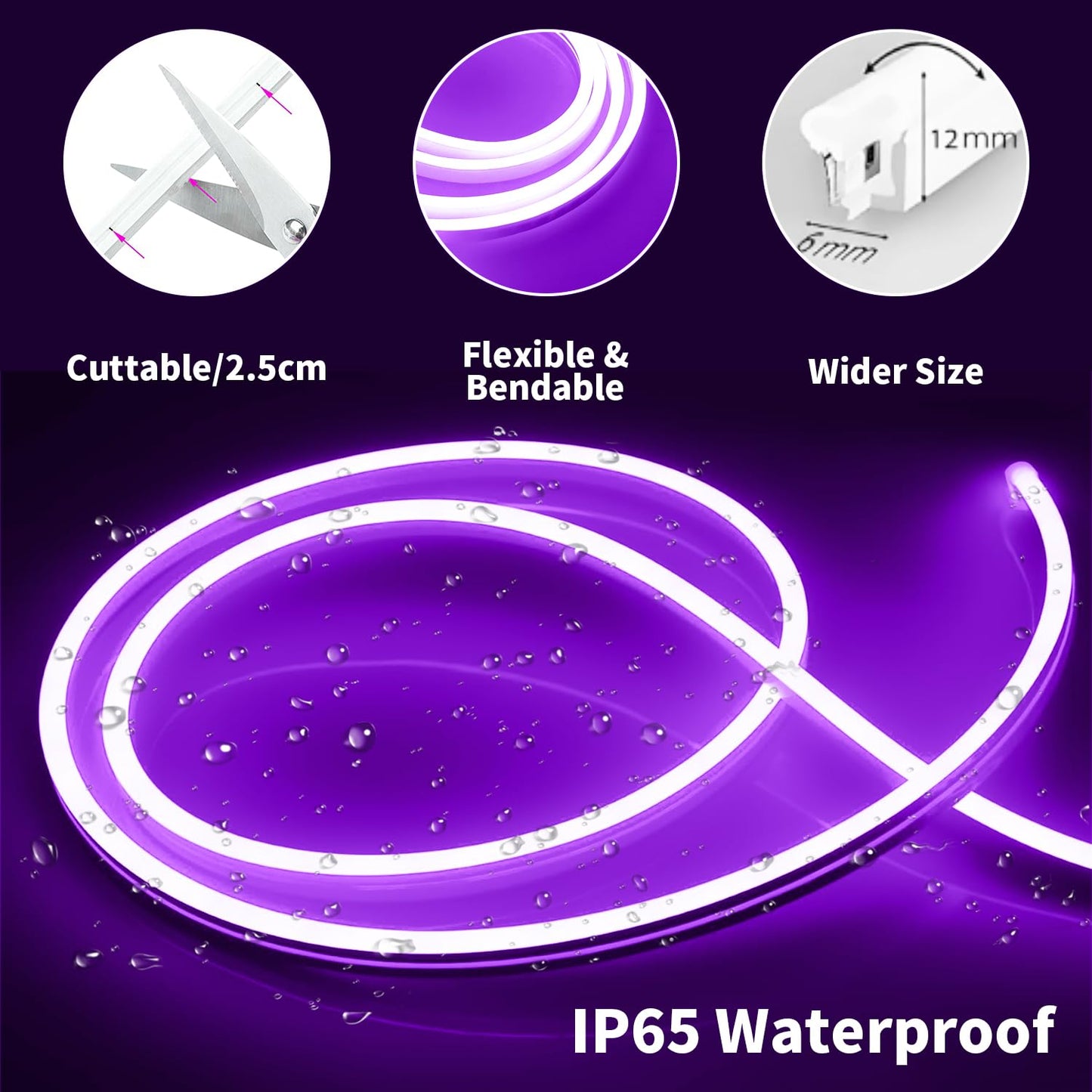 iNextStation LED Strip Lights, 16.4FT Waterproof Silicone Neon Rope, Purple with Power Adapter for Bedroom Decor