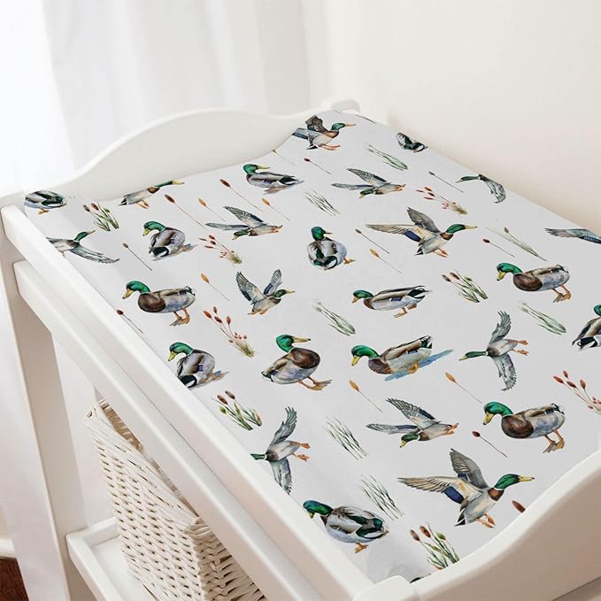 Watercolor Mallard Duck Hunting Changing Pad Cover Duck Hunting Nursery Decor Change Table Sheets for Baby Boy Girl Wild Duck Leaves Soft Breathable Stretchy Snug Fitted Changing Table Mats 32''x16''