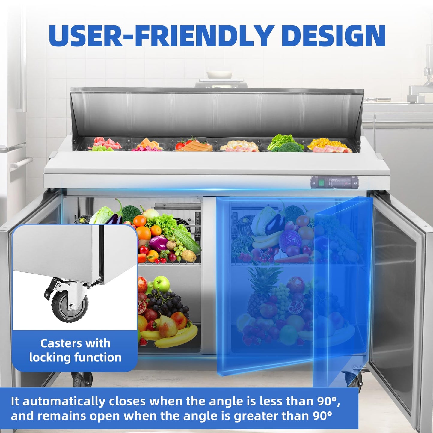 kalifon Sandwich Prep Table Refrigerator, 48" W Commercial Refrigerator Sandwich Salad Prep Table, Sandwich Prep Table with 12 Pans, Salad Bar Buffet Station For Home with 2 Shelves for Restaurant