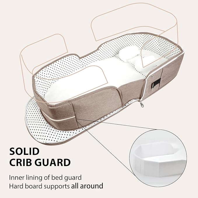 Portable Bassinet for Baby Travel Lounger Foldable Baby Co-Sleeping Bed with Mosquito net + Cool mat Carry Bag & Storage Pocket (Khaki)