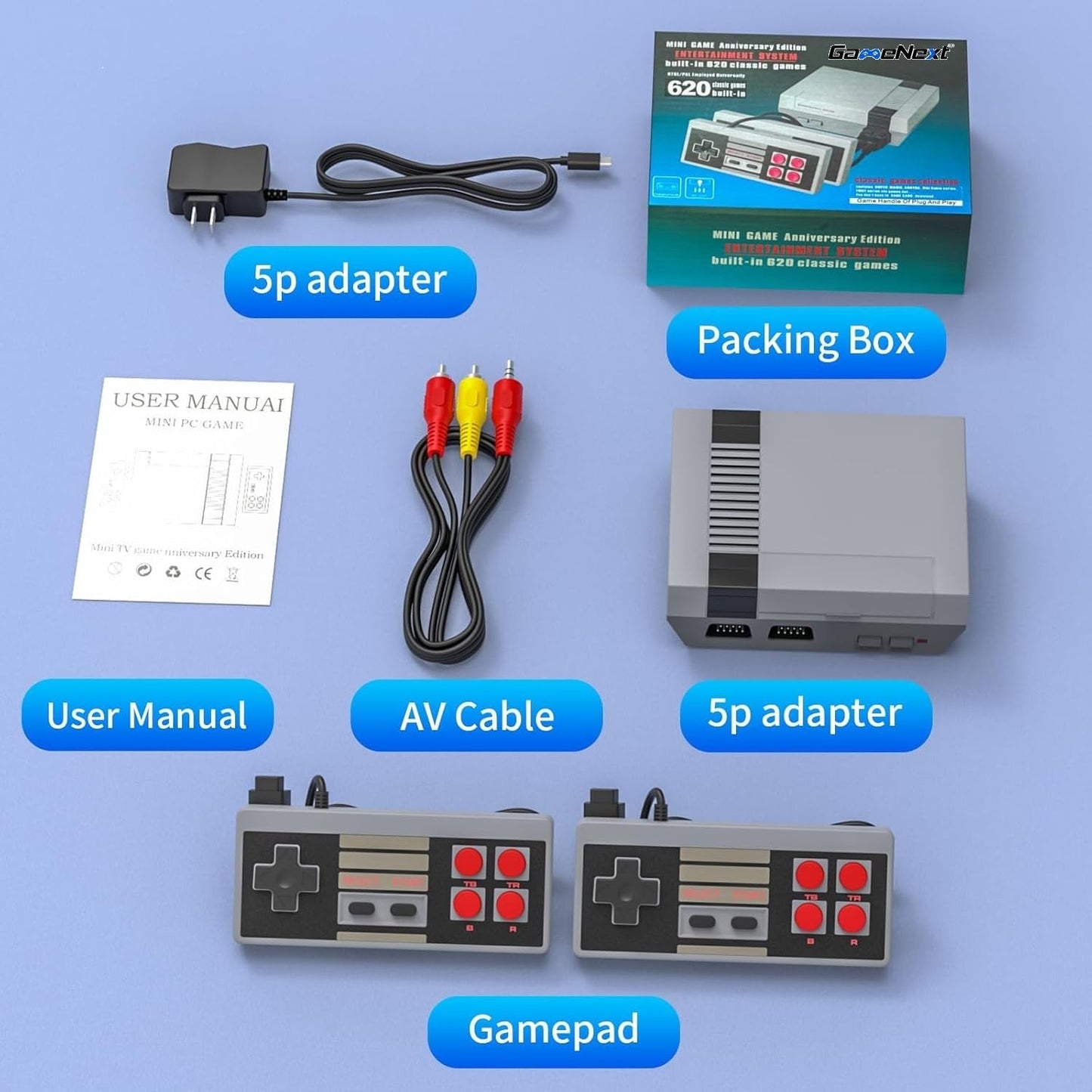 GameNext Retro Game Console,Classic Mini Handheld Video Game Console Built-in 620 Classic Edition Games, AV Output and Dual Game Controllers