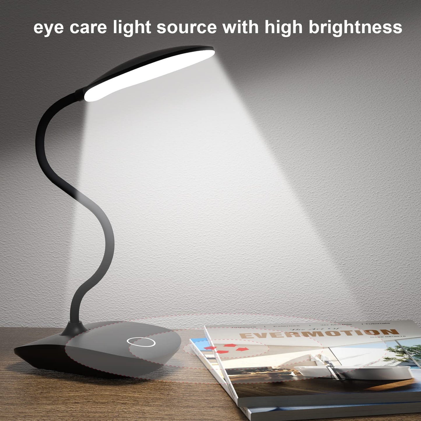 DEEPLITE LED Desk Lamp, 3 Lighting Stepless Dimming, Touch Control, Portable, 2 Pack, Black, Flexible Gooseneck, Eye Caring