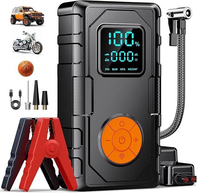 Jump Starter with Air Compressor, Car Battery Jump Starter (8.0 Gas/7.0L Diesel), Battery Jumper Starter Portable Jump Bo...