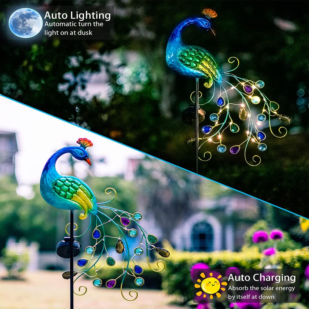 VEWOGARDEN Metal Peacock Solar Garden Lights, Waterproof Outdoor Path Lights, 38inx14inx2.5in, Iron, A-Peacock Color