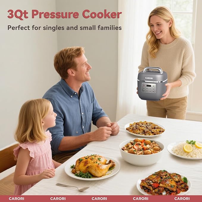 Electric Pressure Cooker 3QT, 8-Function Compact Multi-Cooker with Ceramic Nonstick Pot for Saute, Pressure Cook, Slow Cook, Meat Stew, Rice, Delay Start, Keep Warm, Safe Venting, Gray