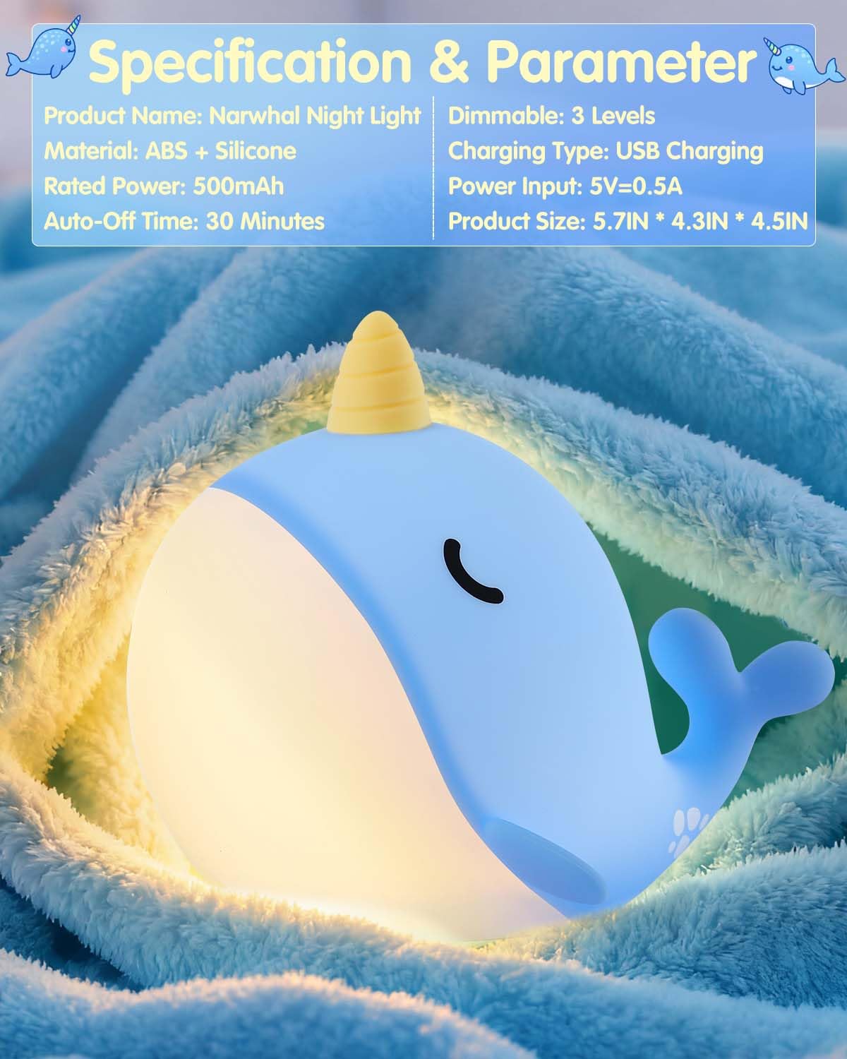 Fuloon Narwhal Night Light With Whale Shape  Squishy Silicone Kids Lamp  Safe & Soothing Touch Control For Kids And Babies  Usb-C Rechargeable  30-Min Auto Timer  Gift Idea (Blue)