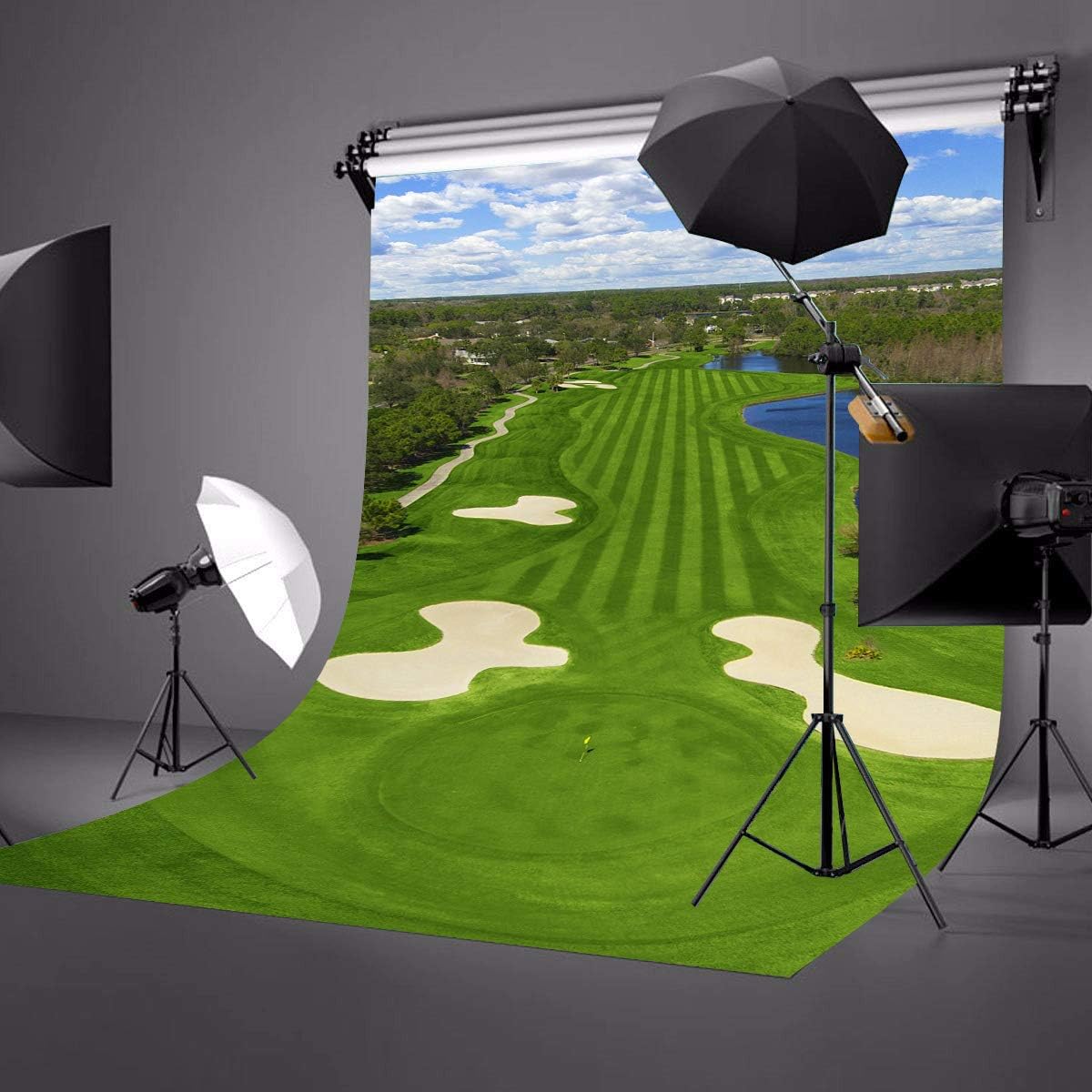 5x7ft Golf Course Backdrop Blue Sky White Clouds and Bunker Green Grass Backgrounds for Photography LYZY0798