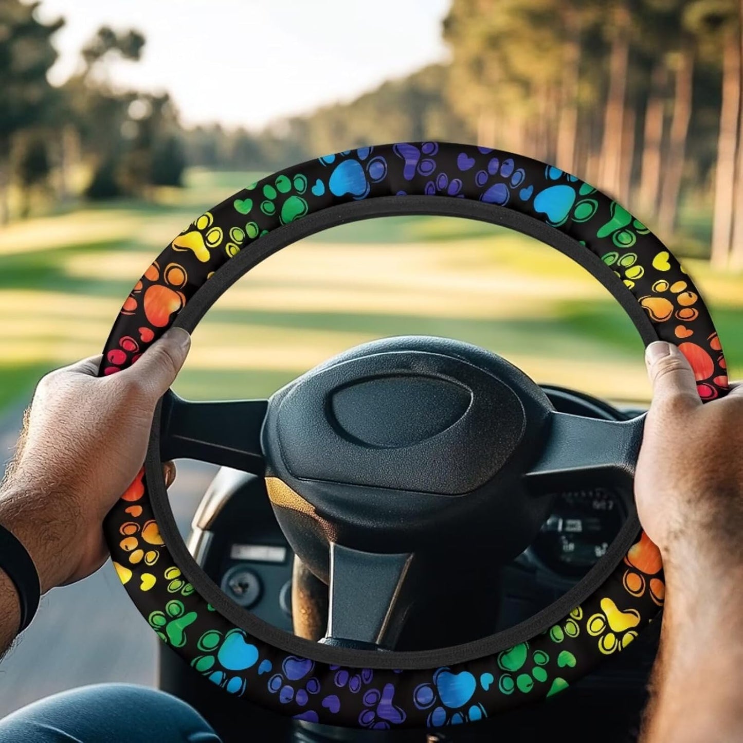 Neon Dog Paw Golf Cart Steering Wheel Cover 13-14 Inch Anti-Slip Golf Cart Steering Wheel Covers Stretchable Accessories for Club Car, Easy to Use and Clean