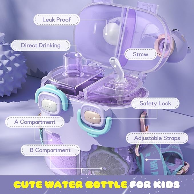 Cute Water Bottle for Kids: 26oz Kawaii Water Bottle for Girls, Funny Bear Water Bottles with Straw and Strap, Dual Compartments Leak-proof Plastic Drinking Cup for School Sport Travel (Green)
