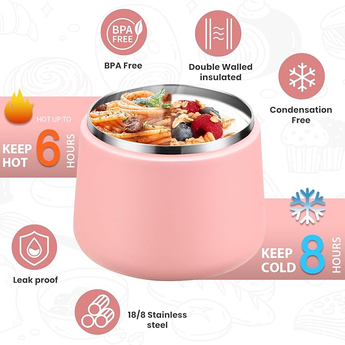 Kids Thermo for Hot Food, 14oz Insulated Soup Jar, Stainless Steel Lunch Box with Leakproof Lid & Spoon, Vacuum Insulated Bento Container (Dark Pink)