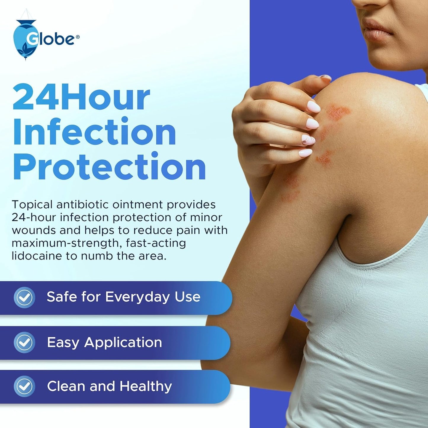 Globe (2 Pack) First Aid Antibiotic Ointment + Lidocaine (1 Oz) Maximum Strength & Fast-Acting Topical Pain Reliever, 24-Hour Infection Protection That Numbs Away The Pain, Bacitracin Zinc., White