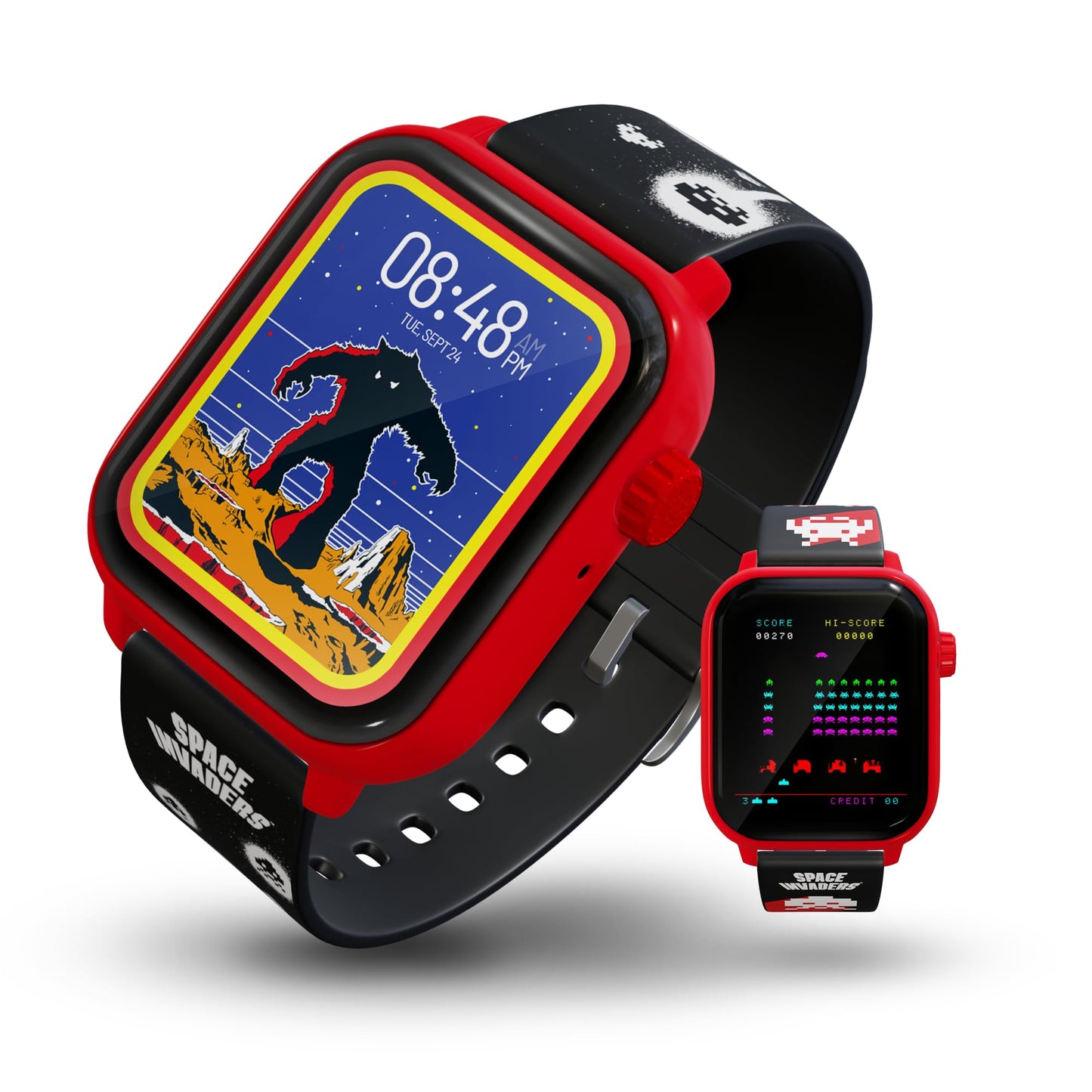 My Play Watch Space Invaders Retro Gaming Smartwatch, Selective Tech, Red Bezel, Non-Connected, Built-In Space Invaders Game, Cu