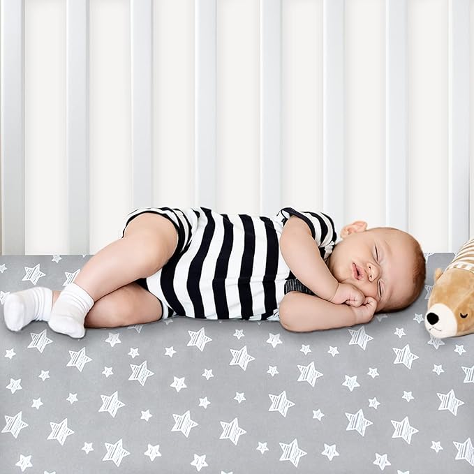 Pack and Play Sheets, 2 Pack Mini Crib Sheets, Stretchy Playard Fitted Sheet, Compatible with Graco Pack n Play, Soft and Breathable Material, Dinosaur and Grey Star