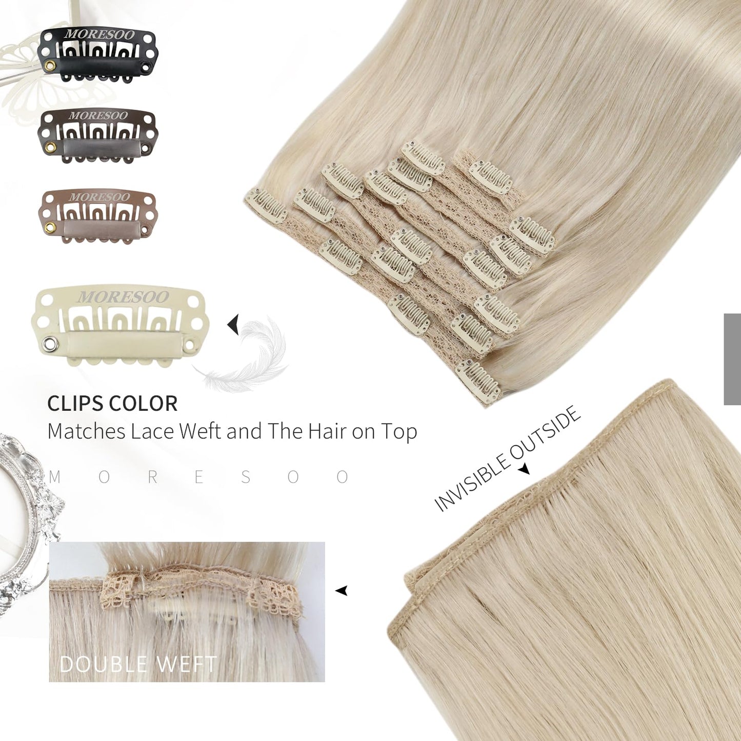Moresoo Blonde Hair Extensions Clip in Long Platinum Blonde Clip in Hair Extensions Human Hair Remy Double Weft 120g/7pcs 22 inc