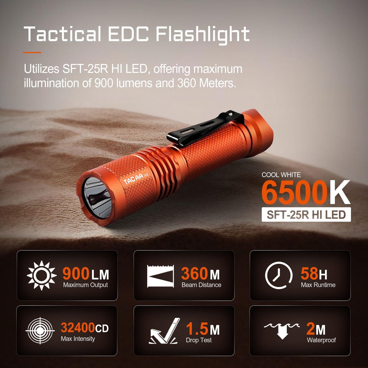 ACEBEAM TAC AA 2.0 Flashlight, 900 Lumens, 360 Meters Range, Rechargeable, Orange, Aluminum
