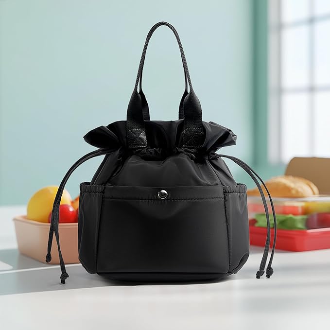 Yarnic Lunch Bag Women Insulated Lunch Bags,Cute Reusable Lunch Box Stain-Resistant Lunchbox with Water Bottle Holder for Adult (black)
