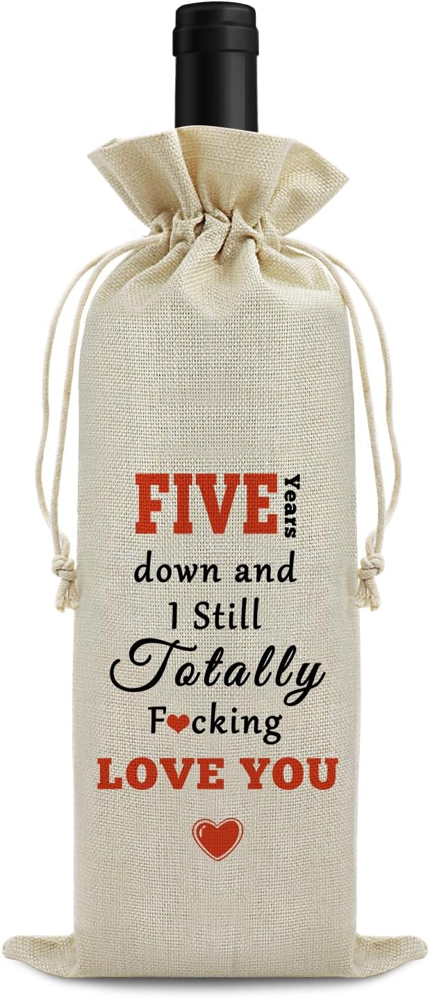 5th Anniversary Wedding Gift for Couple Wine Bag 5 Years of Marriage Gift for Women Men Drawstring Wine Wrapping Bag 5th Anniversary Keepsake Gift Birthday Christmas Valentine Gift Wine Bottle Bag