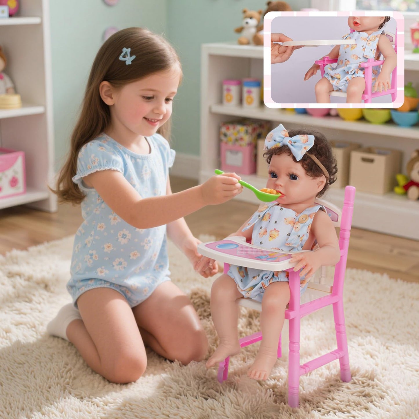 BABESIDE Baby Doll High Chair Toy Dining Chair for 10-12 Inch Dolls, Pretend Play Baby Doll Toy High Chair