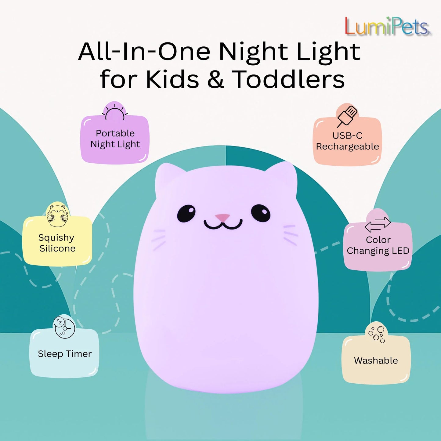 Lumipets Night Light Kids Lamp, Rechargeable Multicolor Silicone Cat Night Light, Model Lumipets13 For Girls Room