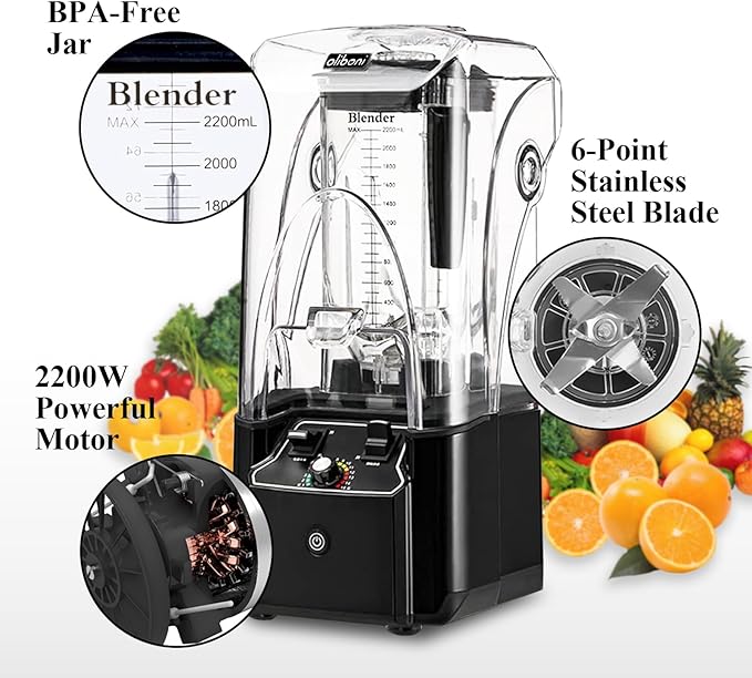 Commercial Blender for Smoothies 2200W With Soundproof Cover, 2200 ML, 15 Speeds, 6-leaves Stainless Steel Blade,Heavy Duty Blender for Restaurant, Smoothie,Ice Crush,Shakes, 9.5"D x 9"W x 19.7"H
