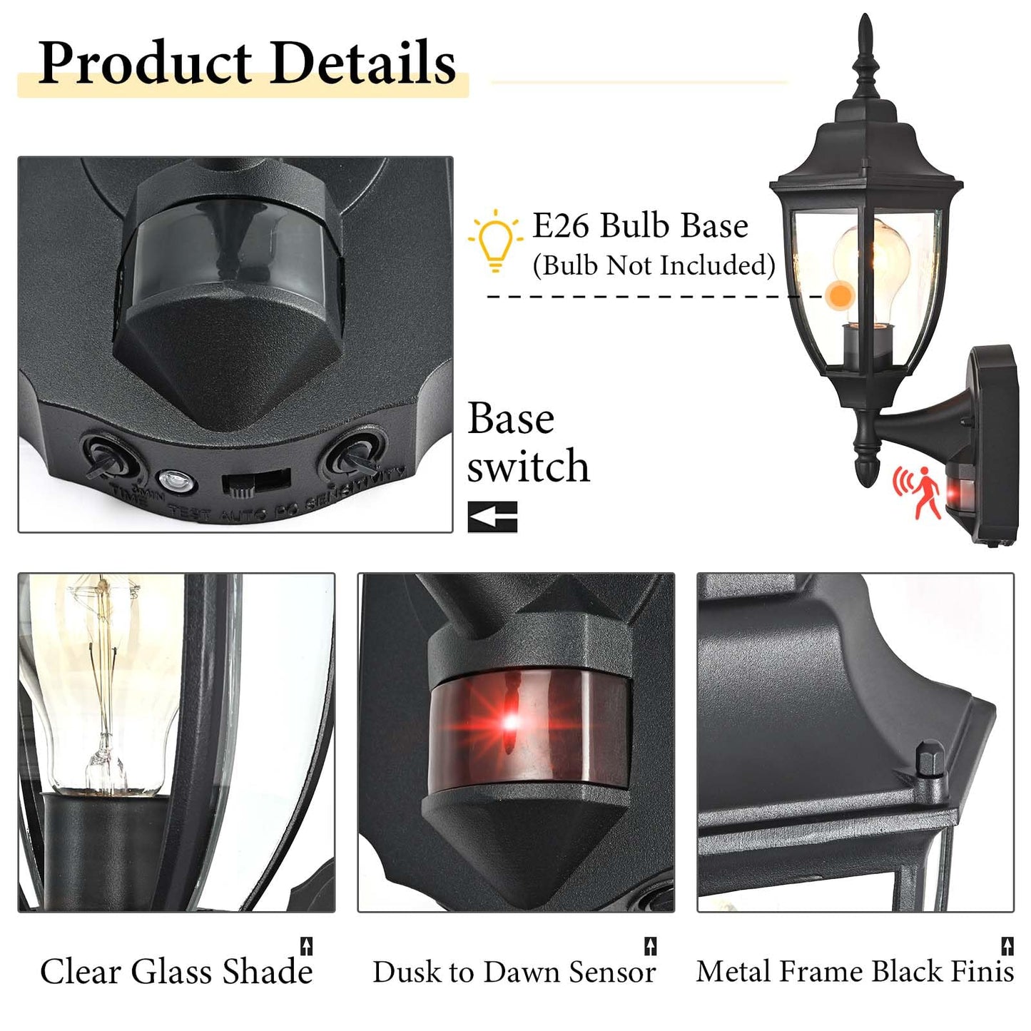 Odorpower Porch Lights Outdoor Motion Sensor Wall Sconce Anti-Rust Aluminum  Exterior Outdoor Wall Lights Dusk To Dawn Porch Light Fixture Wall Mount For House Outside Patio