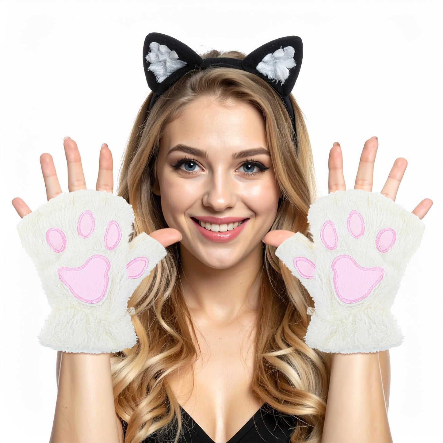 Cat Paw Fingerless Gloves, Furry Paws Gloves Faux Fur Plush Furry Cat Claw Glove Cute Cosplay Costume Accessories for Women (White)