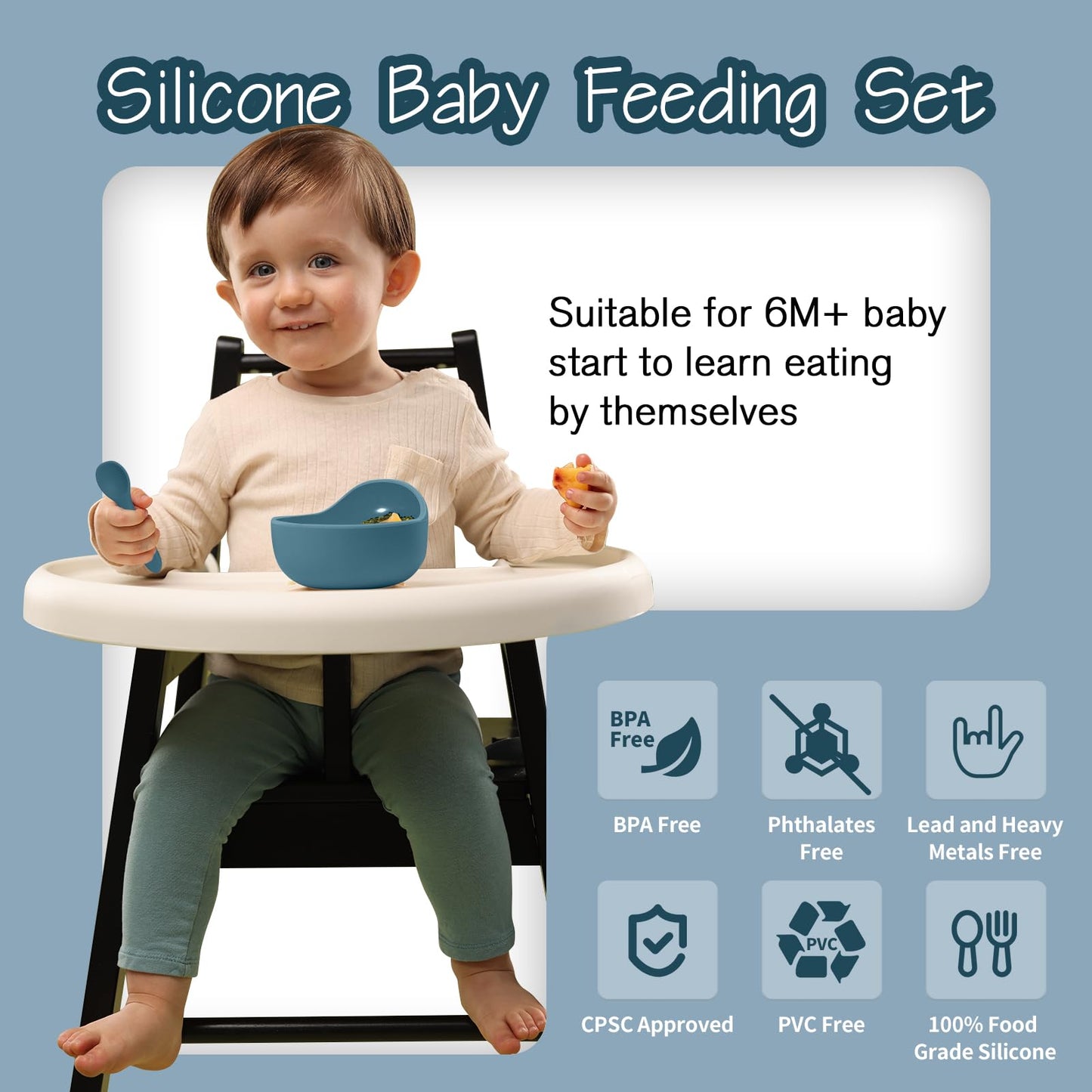 Baby Led Weaning Supplies, 17 Piece BPA-Free Silicone Feeding Set, Eating Essentials Baby Utensils with Suction Plate and Bowl, Pocket Bib, Sippy Cup with Lid, for 6+ Months, Blue