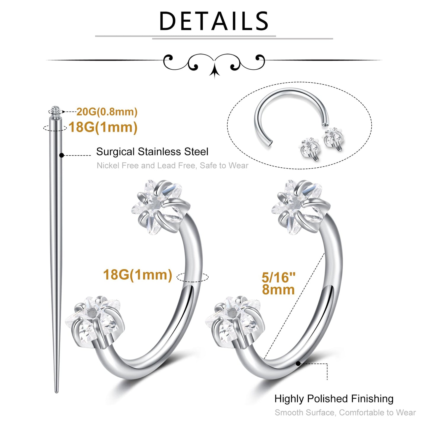 MODRSA Silver Horseshoe Nose Ring 18g Horse Shoe Nose Ring Hoop for Women Surgical Steel Half Hoop Earring Hoops Star Double Gem