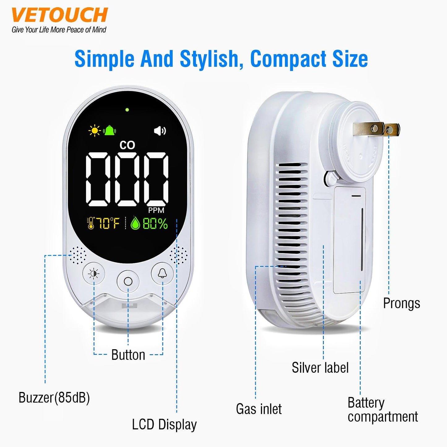 VETOUCH Portable Carbon Monoxide Detector Plug,Upgraded Version Configure Emergency Lighting CO Remind,Accurate Detection of CO Concentration Graded Warning, While Monitoring Temperature Humidity