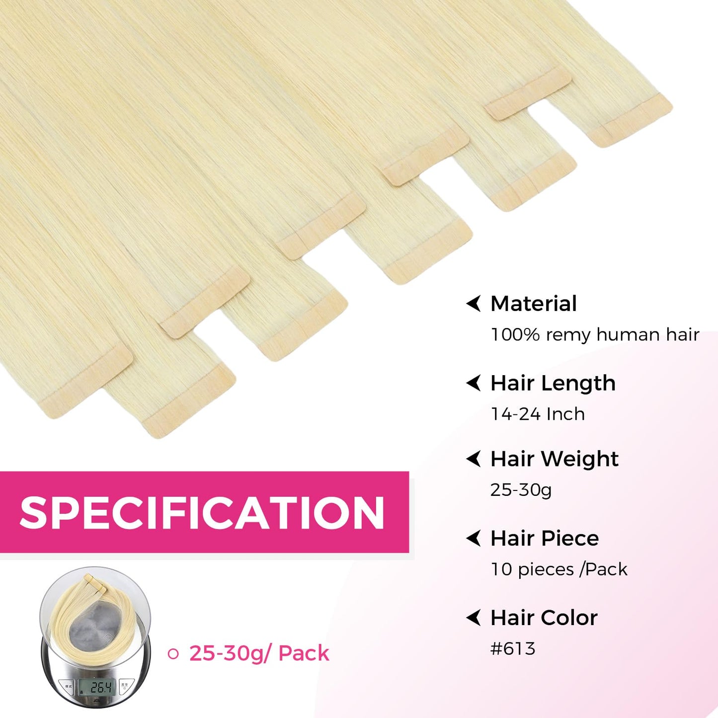Lashey Human Hair Extensions 25g 10pcs 18 Inch #613 Blonde Tape in Extensions with Highlighted Effect Straight Invisible Hair Ex