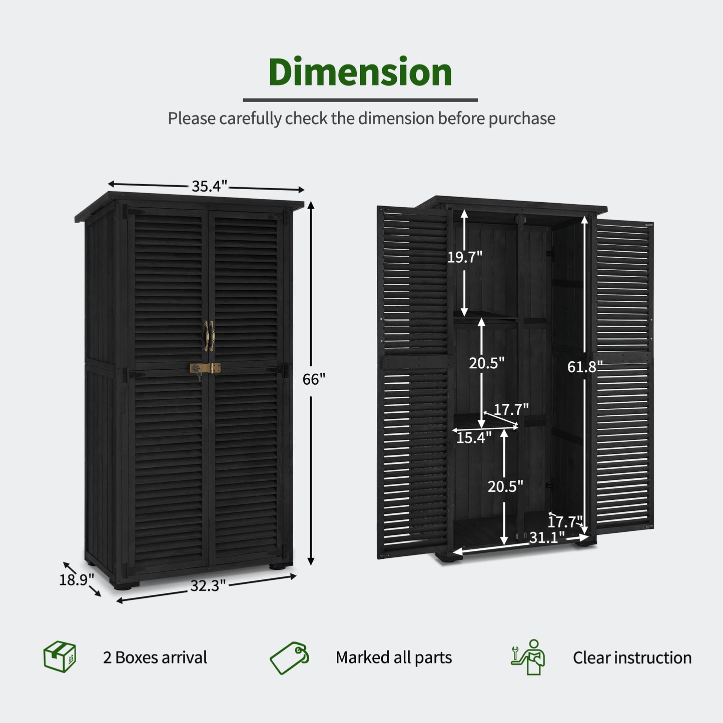 MCombo Outdoor Storage Cabinet, Wooden Storage Shed with Latch, Outside Garden Tool Shed with 2 Doors for Patio Yard Lawn, 0808 (Black, Medium)