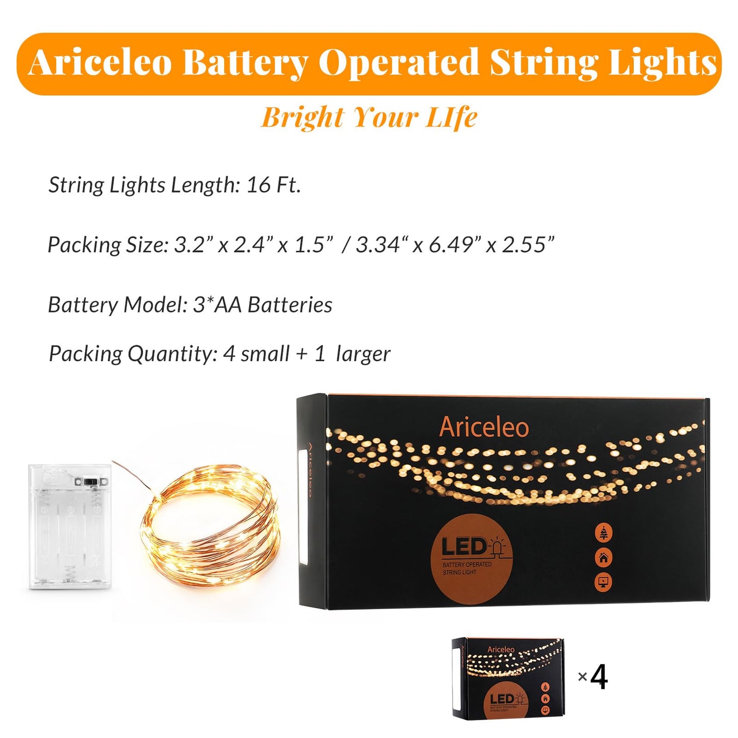 Ariceleo LED Fairy Lights, 4 Pack Mini Battery Powered, 5m Warm White Copper Wire, Model MRS-US-N-5M-4, Perfect for Decoration