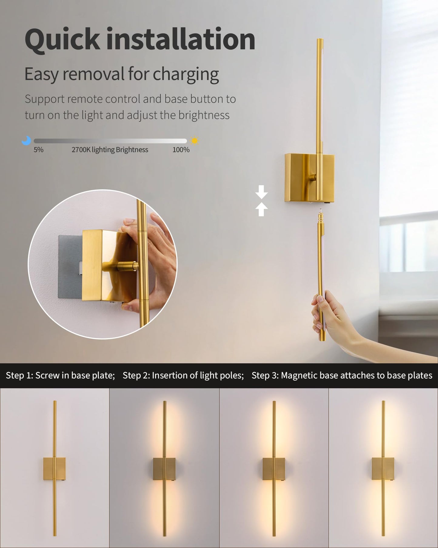 KDG Cordless Wall Sconces, LED Wall Lamps with Remote Control, 7000mAh Battery, 23.6 inch, Gold, Model AMZ-TBL-037